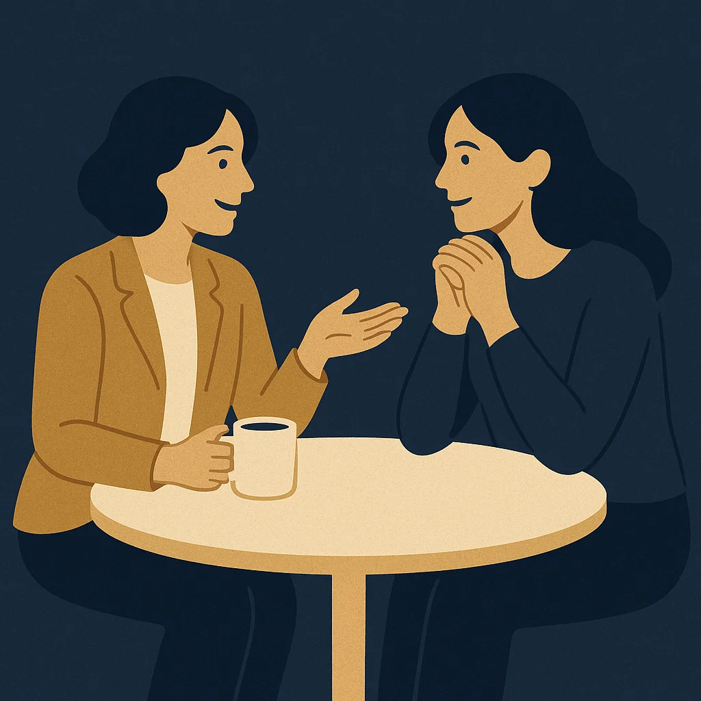 Illustration : deux femmes discutent autour d'un café