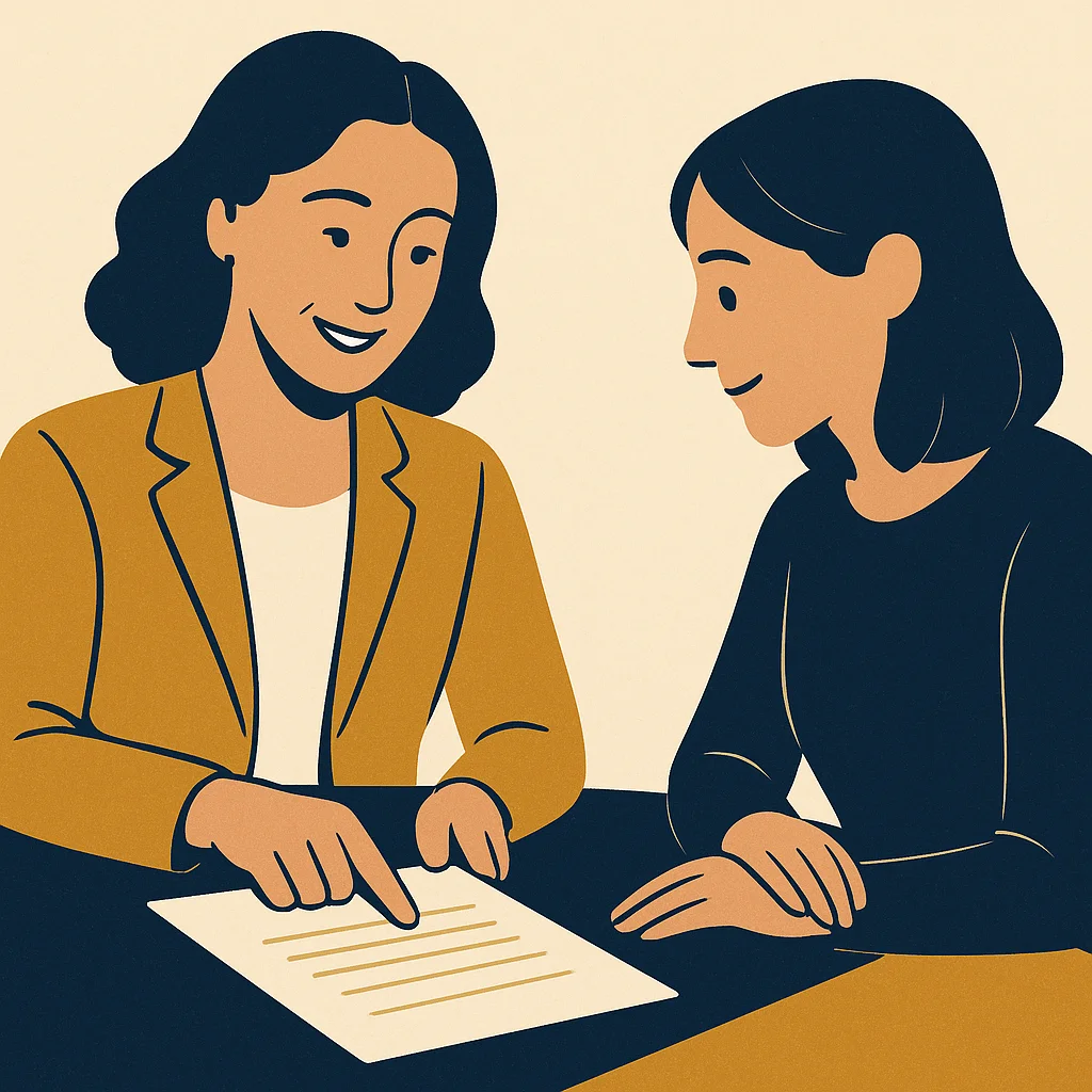 Illustration : Amélie et une cliente autour d'un document